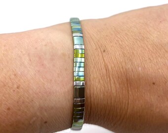 Bracelet made with Japanese Tila beads, Miyuki bracelet, elastic square tile, Bluey green with silver iridescent metallic. Beachy vibe,