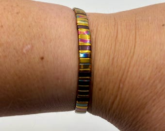 Tila beads flat bracelet Japanese myuki  square tile bracelet, stretchy elastic fixing, rainbow and gold warm metallic colours, stacking