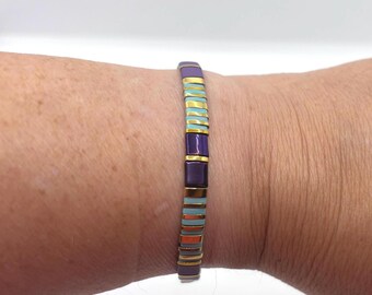 Blue Mosaic Beaded Bracelet • Handmade Tile Bead Jewelry • Turquoise, purple and gold Boho Bracelet  • Minimalist Stackable Bracelet, surf