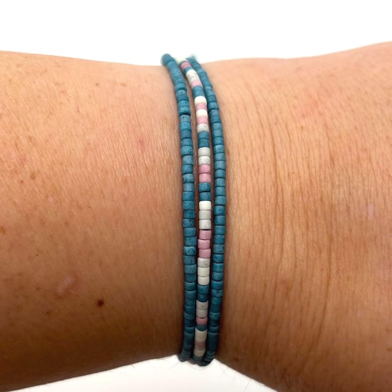 Teal and pink bracelet, myuki seed bead bracelet, adjustable cord, girls, women’s bracelet, teal accessories, matte stacked 3 strand, glass