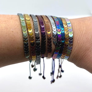 Hematite stone arrow metal adjustable cord chevron bracelet, geometric handmade jewellery multicoloured stackable unisex gift for her, him