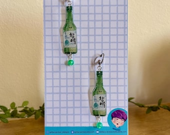 Korean Soju Bottle Earrings | Shrink Plastic, Shrinky Dink, Glitter, Resin, Dangle, Iridescent Bead, Huggie Hoops