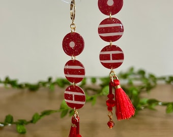 BTS Arirang V Earrings | Norigae Red Tassel | Shrink Plastic, Shrinky Dink, Glitter, Resin, Iridescent Beads