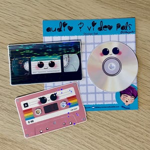 Set de pegatinas de música y vídeo retro de los 90 / Cinta VHS, casete, CD compacto / Vinilo laminado holográfico