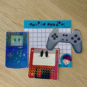 Goodies gaming - Game Boy rétro des années 90 PlayStation Floppy Disc - ensemble d'autocollants plastifiés holographiques en vinyle | agenda bujo journal scrapbooking