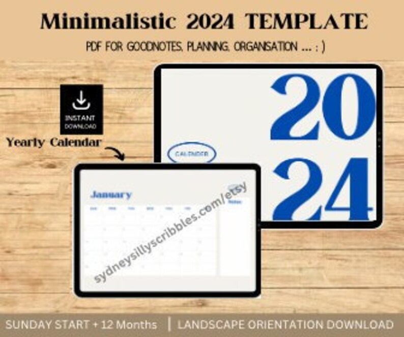 Editable Blue 2024 Minimalist Calendar Landscape Format Sunday Start
