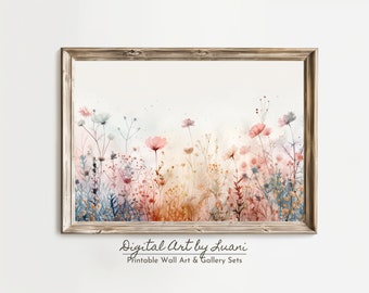 Wildflower Meadow Watercolor Painting: Rustic Farmhouse Wall Art (Digital Download)
