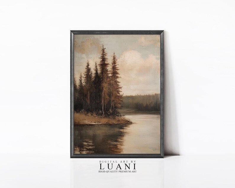 Vintage Autumn Lake Landscape Painting Wall Art Muted PRINTABLE Digital