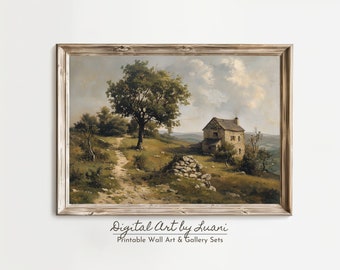 Vintage Stone House Landscape Painting: Rustic Countryside Art (Digital Download)