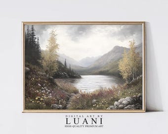 Mountain Lake Oil Painting: Impressionist Landscape Art (Digital Download)