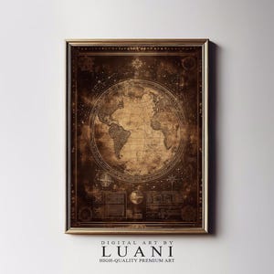 Ilustración de mapa del mundo antiguo, descarga digital, arte rústico de globo, elementos celestiales, arte de pared imprimible, impresión de tema de viaje vintage