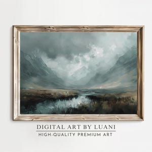 May include: A digital painting of a misty mountain landscape with a river flowing through the valley. The mountains are a muted green and blue, and the sky is a soft gray. The painting has a calming and serene atmosphere.