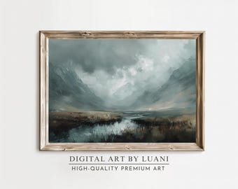 Stormy Mountain Valley Oil Painting: Dramatic Landscape Art (Digital Download)