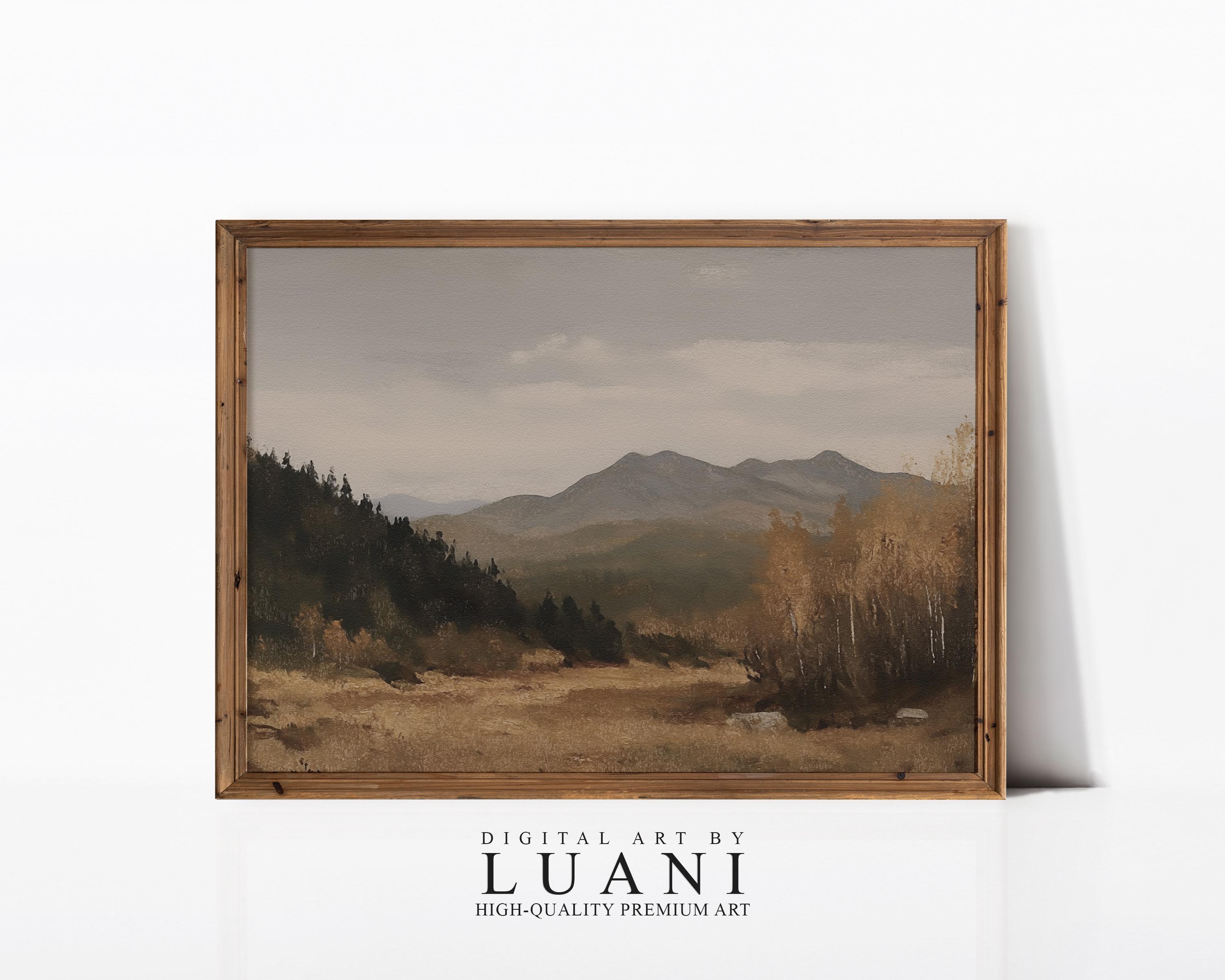 Misty Mountain Landscape Art Print: Neutral Autumn Colors (digital