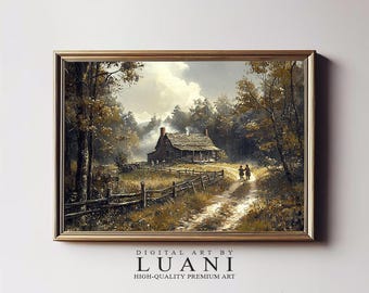 Impression d'art cabane rustique forêt d'automne : maison en rondins vintage (téléchargement numérique)