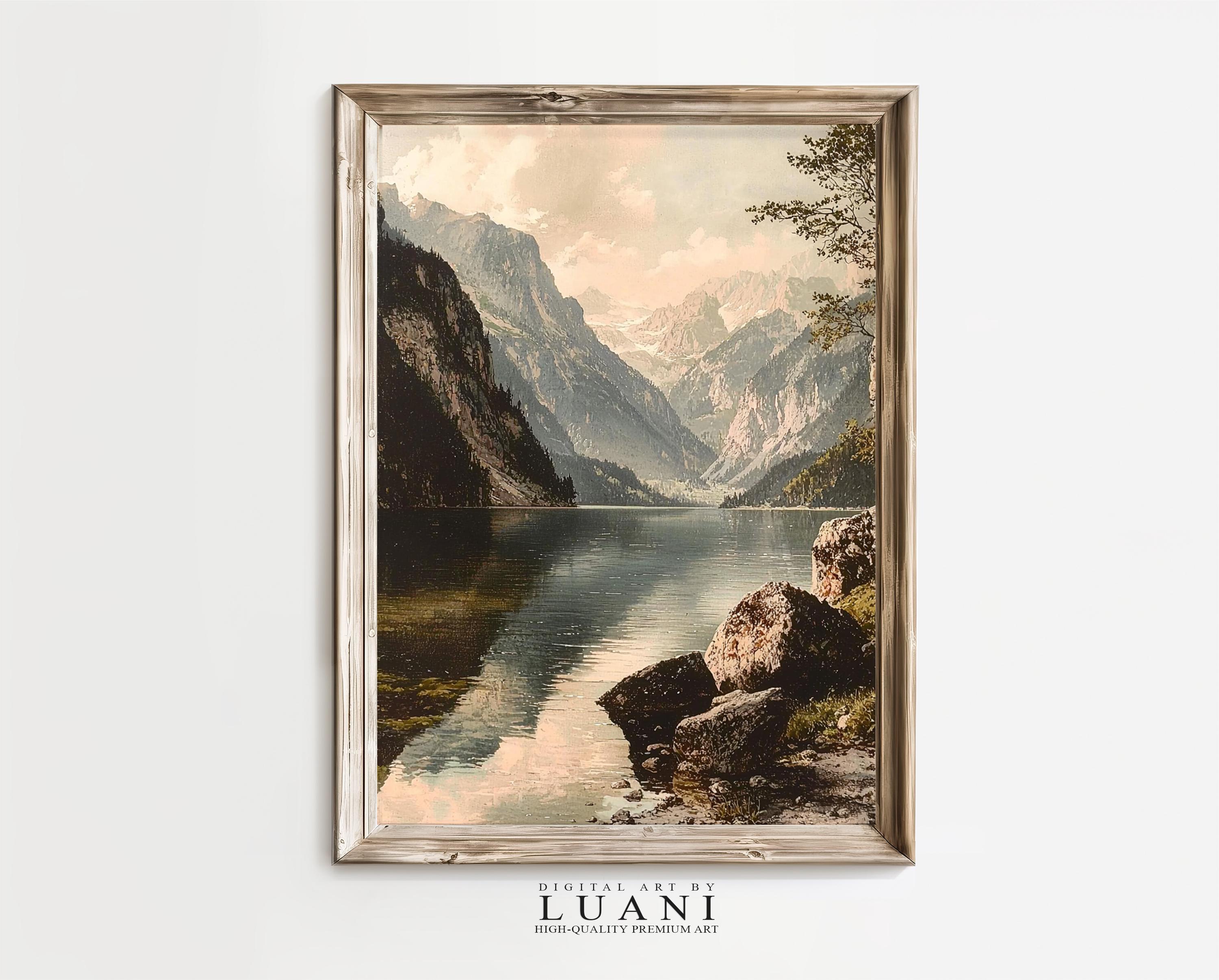 Vintage Alpine Lake Art Print: Mountain Landscape Wall Decor