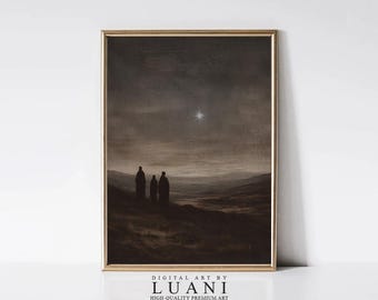Puede incluir: Una impresión de arte digital de tres figuras silueteados contra un cielo oscuro y estrellado. Las figuras están de pie en la cima de una colina, mirando hacia una estrella brillante en la distancia. La impresión está titulada "DIGITAL ART BY LUANI HIGH-QUALITY PREMIUM ART".