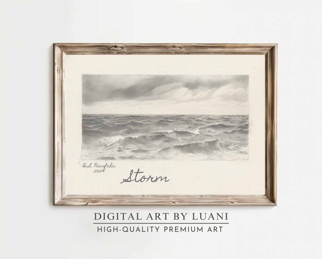 Ocean Waves Drawing PRINTABLE Nautical Wall Art Beach House Decor Digital Download Antique ...