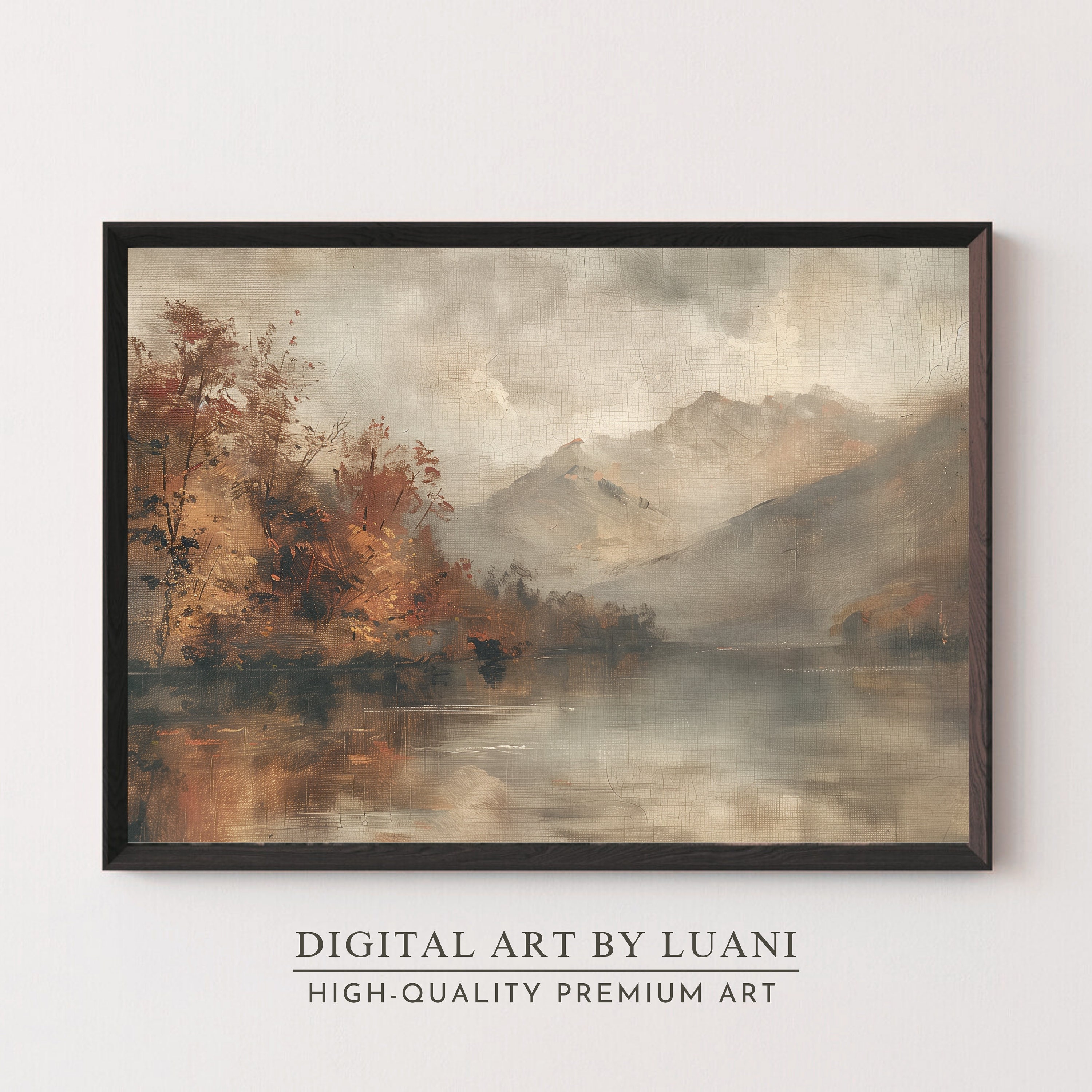 Vintage Fall Lake Landscape Art Print: Rustic Autumn Oil Painting ...