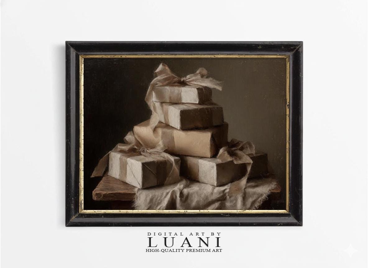 Wrapped Presents Still Life Painting, Tenebrism Art Print (digital
