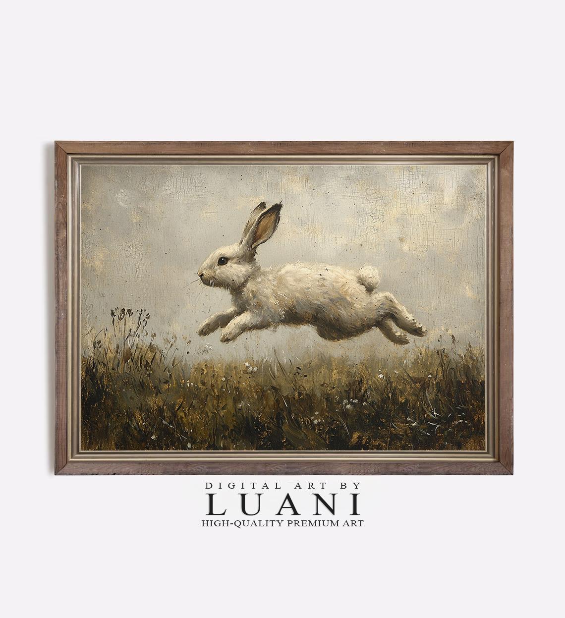 Leaping White Rabbit Art Print: Whimsical Nature Wall Decor