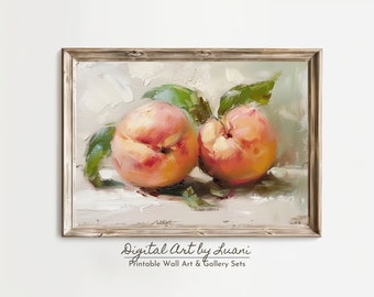 Vintage Peach Still Life Painting: Moody Kitchen Print (Digital Download)