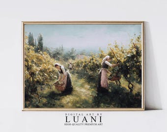 ヴィンテージのブドウ収穫画：フランスの田舎の農家の壁アート