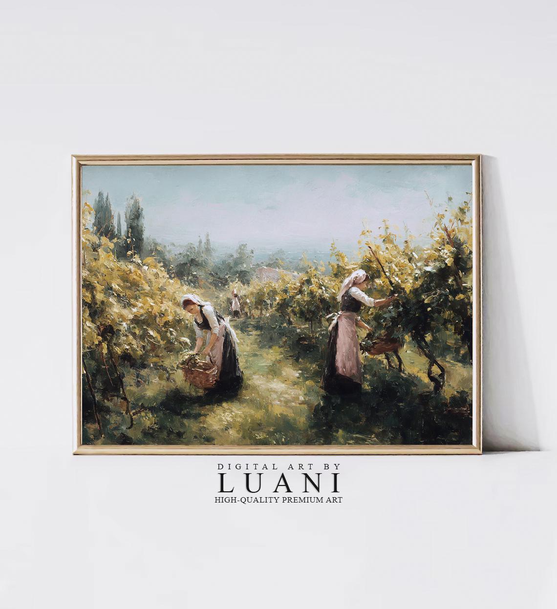 ヴィンテージのブドウ収穫画：フランスの田舎の農家の壁アート