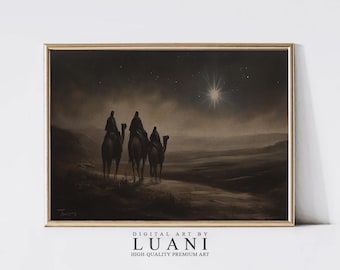 May include: A digital art print depicting three figures riding camels across a desert landscape under a starry night sky. A bright star shines in the distance, illuminating the scene. The artwork is titled "DIGITAL ART BY LUANI HIGH-QUALITY PREMIUM ART".