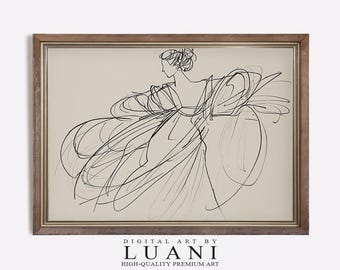 Elegant Woman Sketch Art Print: Voluminous Dress Line Drawing (Digital Download)