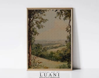 Vintage Landscape Watercolor Painting: Idyllic Countryside Scene (Digital Download)