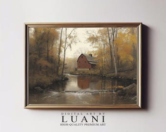 Red Barn Autumn Landscape Painting: Rustic Farmhouse Wall Art (Digital Download)