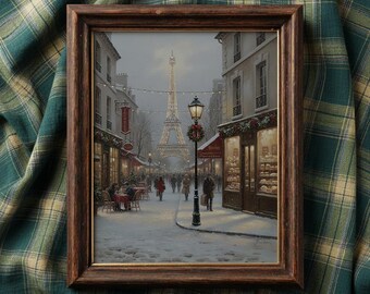 Snowy Paris Street Painting, Eiffel Tower Winter Scene (Digital Download)