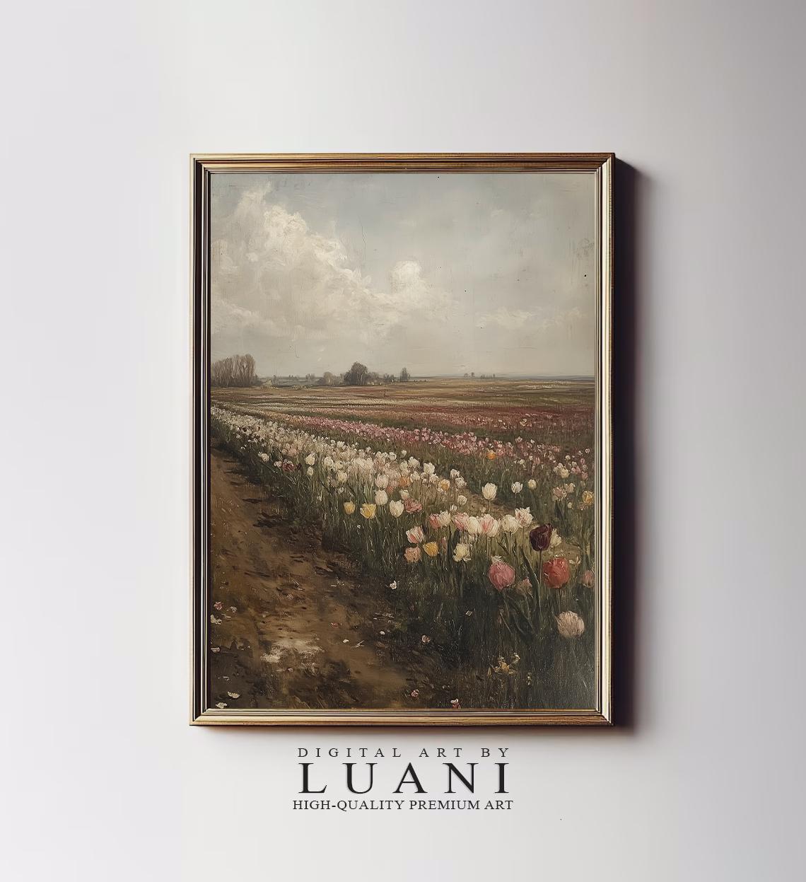 Vintage Dutch Tulip Field Painting: Floral Landscape Art Print (digital ...