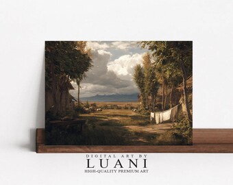 ヴィンテージ農家の風景画：素朴な田舎の村の風景（デジタル