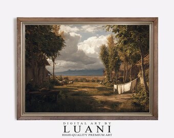 ヴィンテージ農家の風景画：素朴な田舎の村の風景（デジタル