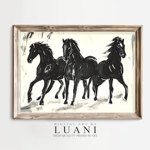 Vintage Black Stallion Trio Wall Art Abstract Horses Running Black & White Horse Digital Print Bedroom Wall Decor Large Art Black Horses