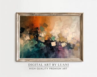 May include: Abstract digital art print with a mix of orange, brown, teal, and purple colors. The artwork is framed in a light wood frame.