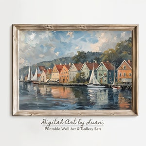 Norwegen Wand Kunst Skandinavisches Wohndekor Bryggen in Stavanger Norwegen Stadtansicht Malerei Traditionelle norwegische Häuser am Kai