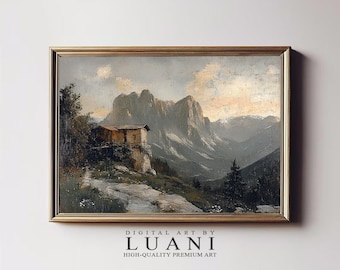 Stampa artistica con paesaggio di baita di montagna: arredamento rustico vintage per la casa (arte digitale)