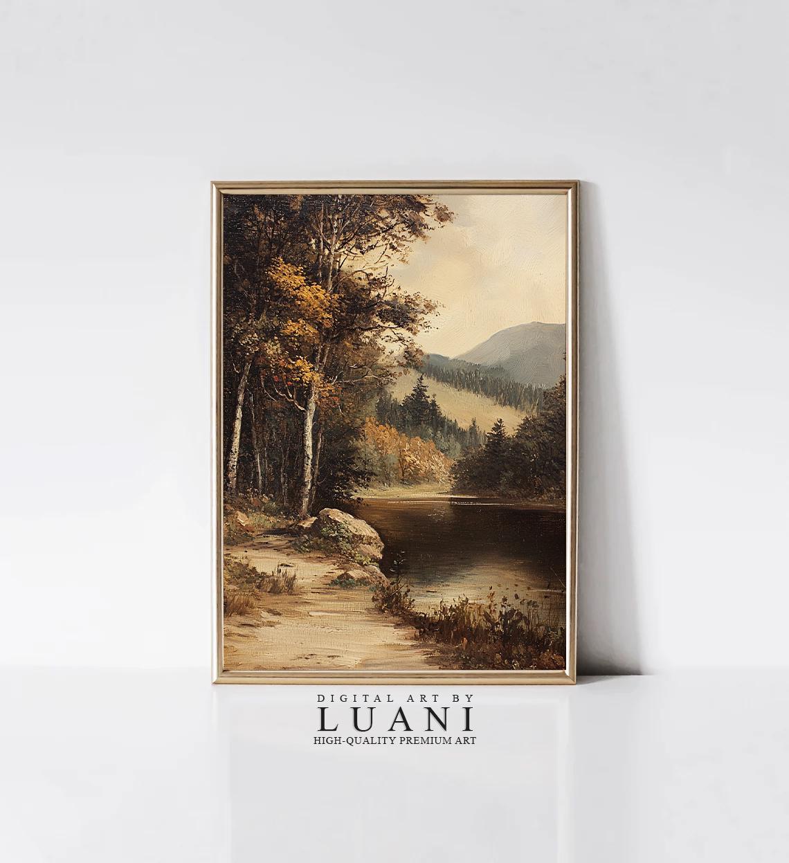 湖の森の風景画：素朴な山の景色のアート（デジタルダウンロード