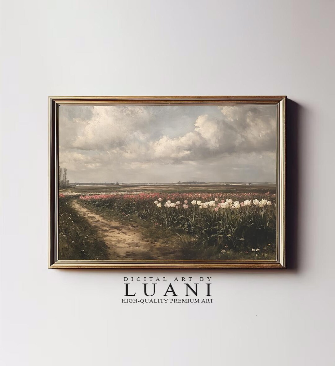 Tulip Field Landscape Painting: Vintage Floral Meadow Art (digital ...