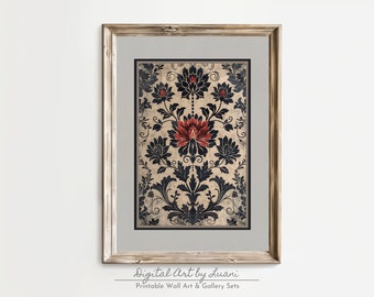 May include: A framed digital art print featuring a black and red floral pattern on a beige background. The print has a vintage, distressed look. "Digital Art by Luani" and "Printable Wall Art & Gallery Sets" are printed below the image.