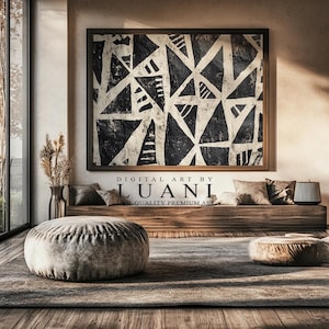 Puede incluir: Una impresión de arte geométrico abstracto en blanco y negro con un fondo texturizado. La impresión está enmarcada y colgada en una pared en un salón moderno. El texto "DIGITAL ART BY LUANI HIGH QUALITY PREMIUM ART" es visible debajo de la impresión.