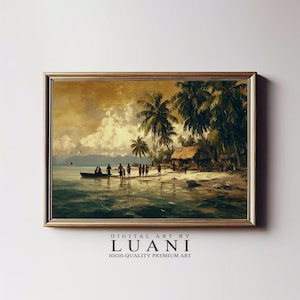 Rustic Polynesian Island Village Print Oceanfront Canoe Painting with Palm Trees and Traditional Huts Coastal Wall Art Digital PRINTABLE
