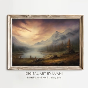 Rustic Winter Mountain Landscape Painting | Vintage Cabin