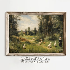 Peut inclure: Une peinture vintage d'une femme et d'un enfant marchant sur un sentier forestier avec un groupe de lapins blancs. La peinture est encadrée dans un cadre en bois rustique.