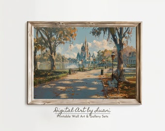 Stampa artistica del castello delle fiabe: incantevole paesaggio forestale (download digitale)