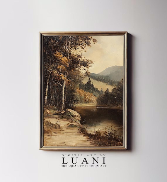 湖の森の風景画：素朴な山の景色のアート（デジタルダウンロード 