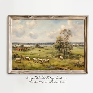 Spring Pastoral Scene Rustic Sheep Landscape Painting Classic Countryside Wall Art Antique Style Farmhouse Decor